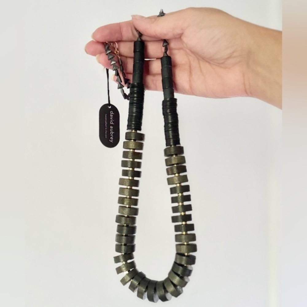 NWT David Aubrey Chunky Black and Gold Handmade Wood and Vinyl Necklace